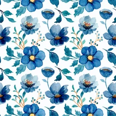 Deurstickers Blauw wit Naadloos patroon van blauwe bloemen met waterverf