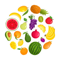 Colorful cartoon fruit icons in round isolated on white.