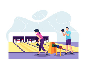 People playing bowling illustration. Men and women playing bowling in the club throwing balls. Couple playing in bowling alley. Bowling alleys with balls, pins and scoreboards. Vector in a flat style