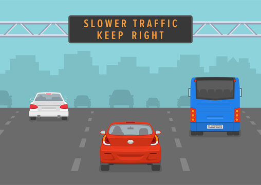 Cars passing through led sign at highway. Slower traffic keep right road rule. Back view. Flat vector illustration.