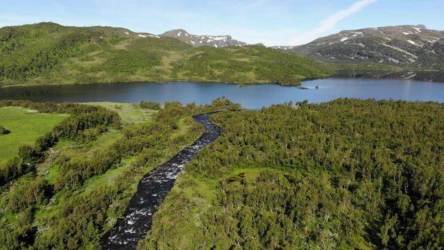 Norway landscape drone footage. Setesdalen valley near Hovden. Sessvatnet lake. 4k Norway nature footage.