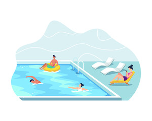 People swimming in public swimming pool. Summer vacation concept, Man and woman wearing swimsuits sunbathing. Young men and women having fun at outdoor swimming pool. Vector illustration in flat style