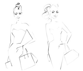  Fashion Illustration on a white background.Shopping. Lady with bags