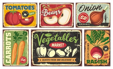 Signs and advertisement collection with farm fresh organic vegetables. Tomato, bean, onion,carrot, radish, pepper, potato, chili graphics and vectors. Natural healthy food market.