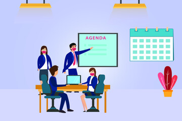 Group of business team having a meeting and discussing agenda list together in the office while wearing face mask