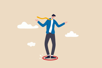 Business boundary, limitation or framing that prevent progress work, prohibited activity that limit business or career growth concept, frustrated businessman standing uncomfortably in small red circle