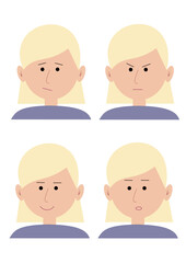 
Set of emotions of a blonde girl. Smile, sadness, surprise, anger. Isolated on white background, vector illustration.