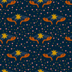 Scandinavian Fashion children's pattern. Background of Horns and Stars for children's textiles. Poster for newborn clothes. Doodle Animal pattern. Vector illustration