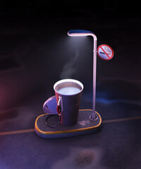 Paper cup of coffee with dispenser. Metaphor coffee is power for people. Creative render 3d illustration