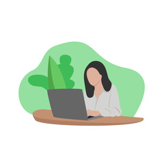 Fototapeta na wymiar The girl works at home with a laptop. Home Office. Young woman studies at home. Work from home or freelance. Flat style. Vector illustration