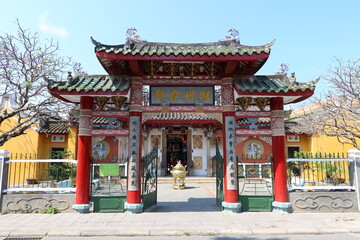 Hoi An, Vietnam, March 8, 2021: Main entrance door of a Taoist Temple in Hoi An, Vietnam