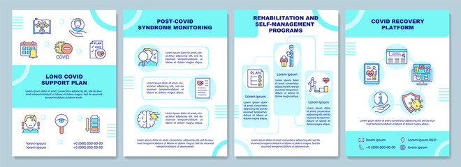 Long covid support plan brochure template. Covid syndrome monitoring. Flyer, booklet, leaflet print, cover design with linear icons. Vector layouts for magazines, annual reports, advertising posters