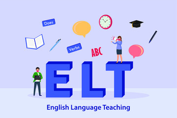 English teaching vector concept: Female teacher standing on the english language teaching word while speaking with megaphone 