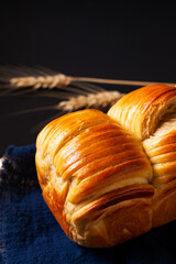 Food concept spot focus Homemade organic Wool soft milk bread on black background with copy space