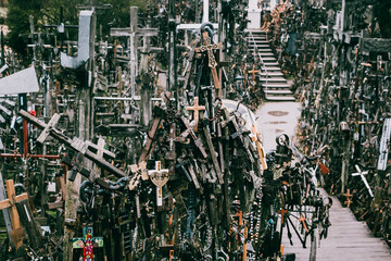 Thousands of vintage crosses in Lithuania. Famous pilgrimage site. Symbol of christianity, faith, and belief.