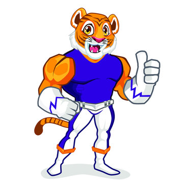 tiger hero muscle mascot cartoon in vector