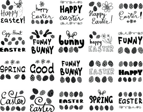 Vector illustration of EASTER isolated spring lettering with abstract elements and eggs. Calligraphy quote on white background.
Handwritten typography design. 
