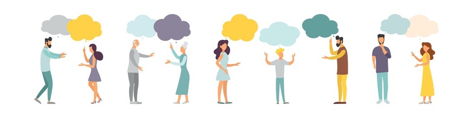 People with thoughts on a white background. Communication concept. Men and women. Flat style. Dialogue illustration