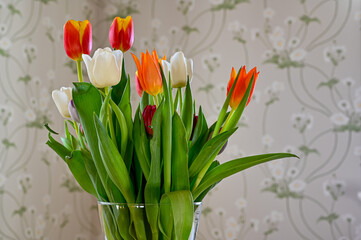bouquet of tulips standing in front of wallpaper with flowers