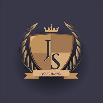 initial letter JS logotype colored brown and gold isolated with shield, crown and laurel design, logo for college and sport club.