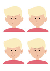 Seth is a young blond guy in a pink sweater. Emotions. Joy, anger, surprise, disappointment. The company of guys. Isolated on white background, vector illustration.