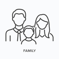 Obraz na płótnie Canvas Family flat line icon. Vector outline illustration of male, female and child. Black thin linear pictogram for father, mother and son