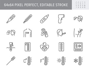 Thermometer line icons. Vector illustration include icon - infrared pyrometer, fahrenheit, contactless, thermostat outline pictogram for temperature measurment. 64x64 Pixel Perfect, Editable Stroke