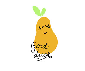 good luck text, hand drawn calligraphy. Pear illustration, cute baby design, baby shower or greeting card template.