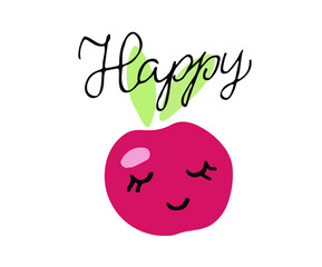Cute apple vector hand drawn illustration  for social media content, book or kids greeting card. Happy hand drawn text