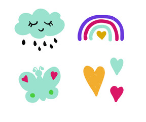 Vector cute girls illustration set. Hand drawn nursery décor. Design for baby shower, kids and baby clothes print, poster for nursery room, greeting card.