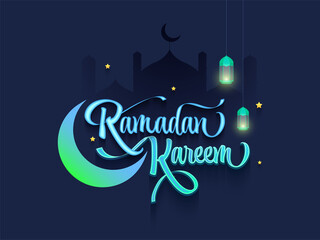 Gradient Ramadan Kareem Font With Crescent Moon, Golden Stars And Hanging Lanterns On Blue Silhouette Mosque Background.