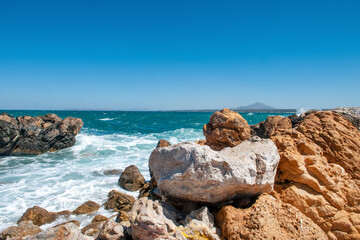 Landscape of beautiful bay with rocky beach in Kos island, Greece
