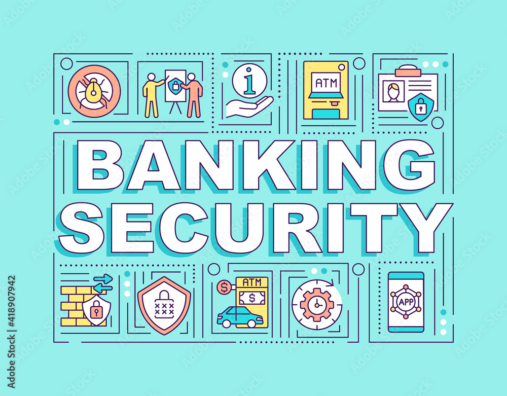 Poster banking security word concepts banner. secure passwords and thumbprint. infographics with linear ico