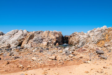 Landscape of beautiful bay with rocky beach in Kos island, Greece