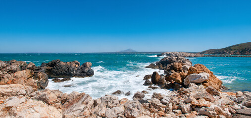 Landscape of beautiful bay with rocky beach in Kos island, Greece