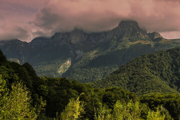 Dramatic view on green mountains