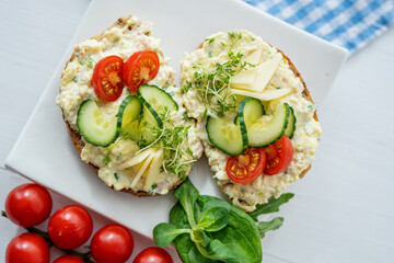 egg cheese tomoto cucumber open sandwich dip bread spread party finger food lunch snack