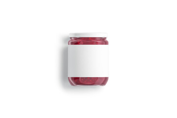 Blank glass jar with white label and berry jam mockup