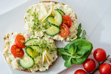 egg cheese tomoto cucumber open sandwich dip bread spread party finger food lunch snack