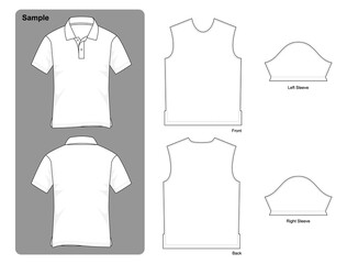 White Polo Shirt With Front, Back And Sleeves Patterns Vector.