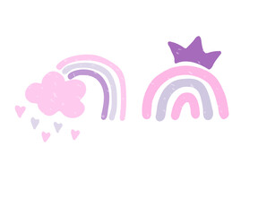 Vector rainbow set. Hand drawn nursery rainbow illustration. Cute design for baby shower, kids and baby clothes print, poster for nursery room, greeting card.