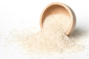 Fototapeta na wymiar White rice in wooden bowl on rice background.