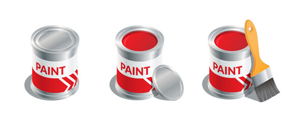 Isometric vector illustration open and closed paint buckets and brush isolated on white background. Realistic paint cans and brush icon in flat cartoon style. Tin bucket with red paint for renovation. © NiRain
