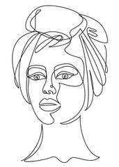 Silhouettes of the head of a girl in a turban, scarf. Woman face in modern one line style. Solid line, aesthetic outline for decor, posters, stickers, logo. Vector illustration.
