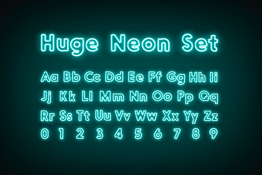 Turquoise neon capital alphabet letters and numbers, glow font set