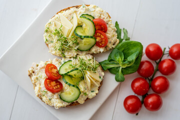 egg cheese tomoto cucumber open sandwich dip bread spread party finger food lunch snack