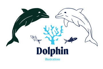 Dolphin Vector illustrations as silhouette shape and outline