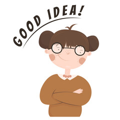 Cute and smart little girl in big round glasses. Good idea. Modern and cozy flat illustration of a young teen girl. Confident pose with arms crossed. Ruddy cheeks and tufts on the head.