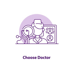 Choose doctor creative UI concept icon. Medical treatment. Medical service. Doctor online. Health care. Telemedicine abstract illustration Isolated vector art for UX. Color graphic design element