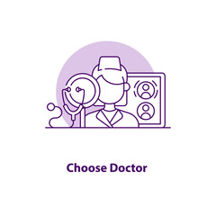 Obraz premium Choose doctor creative UI concept icon. Medical treatment. Medical service. Doctor online. Health care. Telemedicine abstract illustration Isolated vector art for UX. Color graphic design element